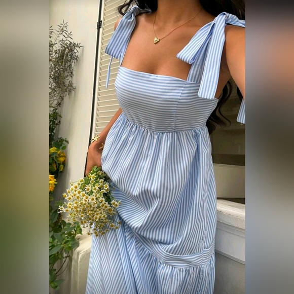New Boho Striped Tie Shoulder Tiered Maxi Dress Blue White - Picture 3 of 8